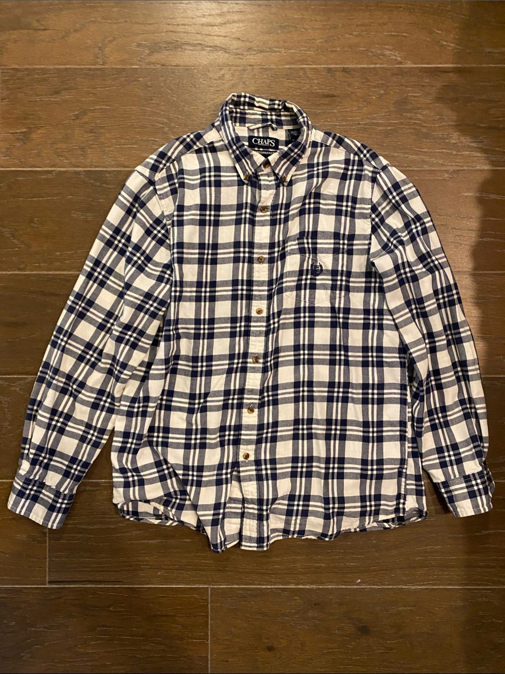 Chaps Men's Navy and White Plaid Button-Down Flannel Shirt